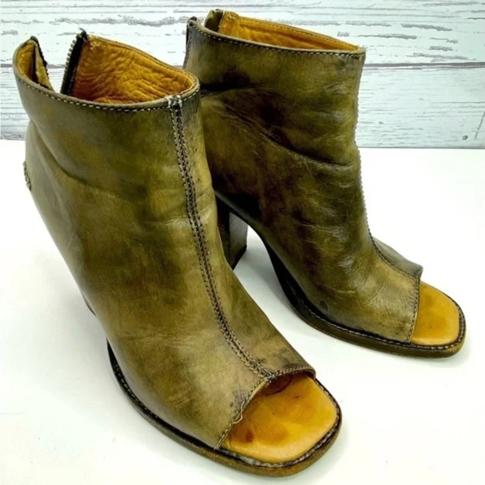 Bed Stu Cobbler Series Tan Gray Leather Open Toe Heeled Bootie Back Zip Sz 7.5